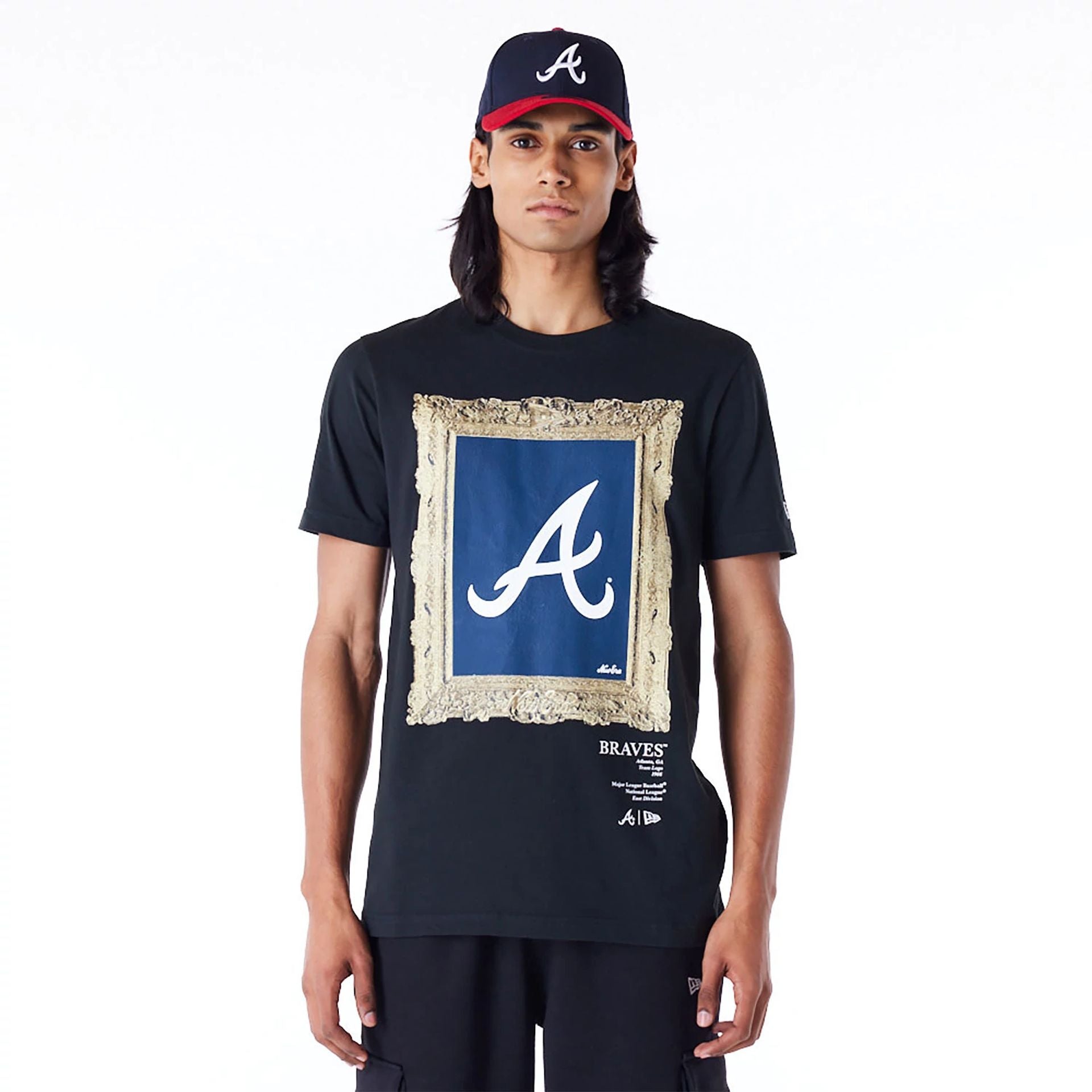 The Male model is wearing Atlanta Braves Curated Customs Black T-Shirt 1