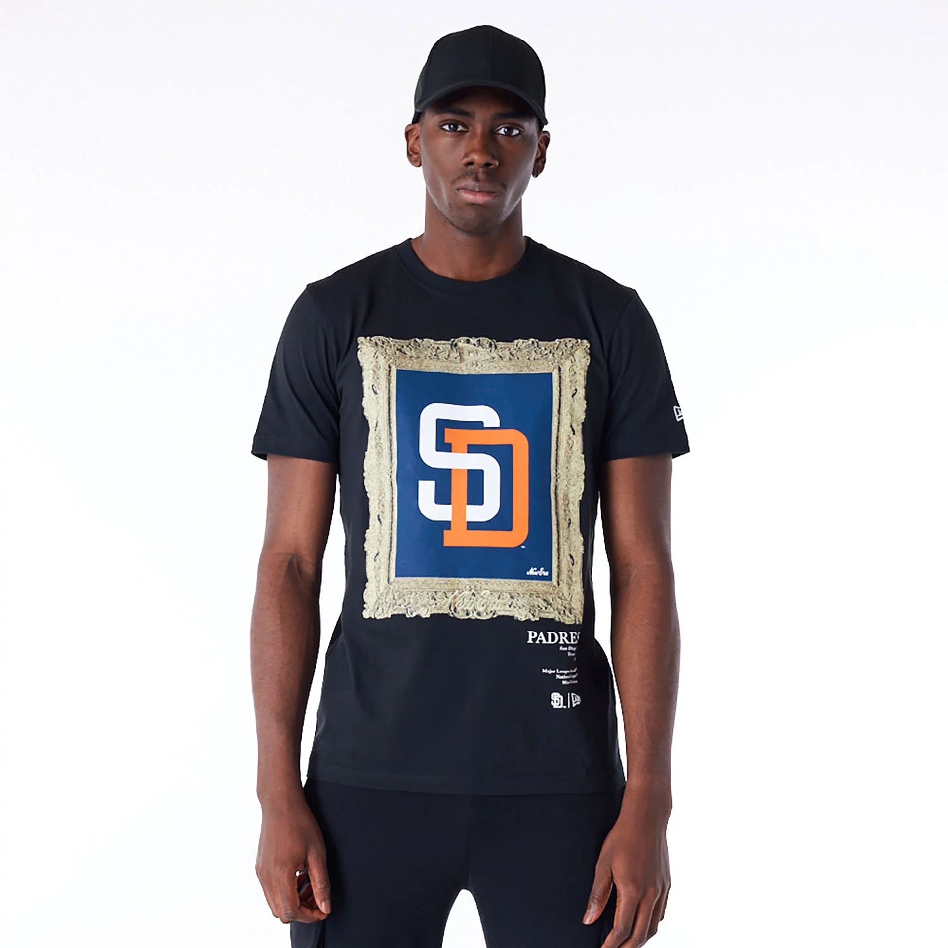 The Male model is wearing San Diego Padres Curated Customs Black T-Shirt 1