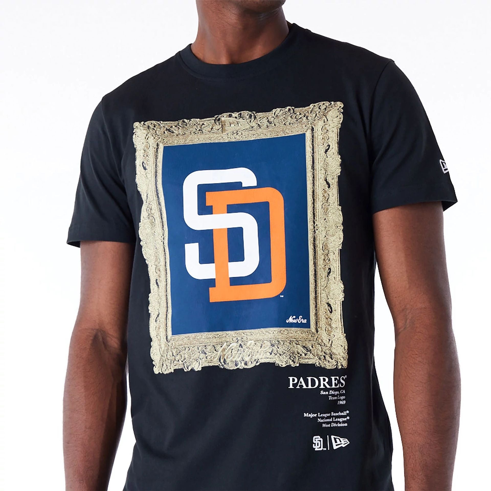 The Male model is wearing San Diego Padres Curated Customs Black T-Shirt 4