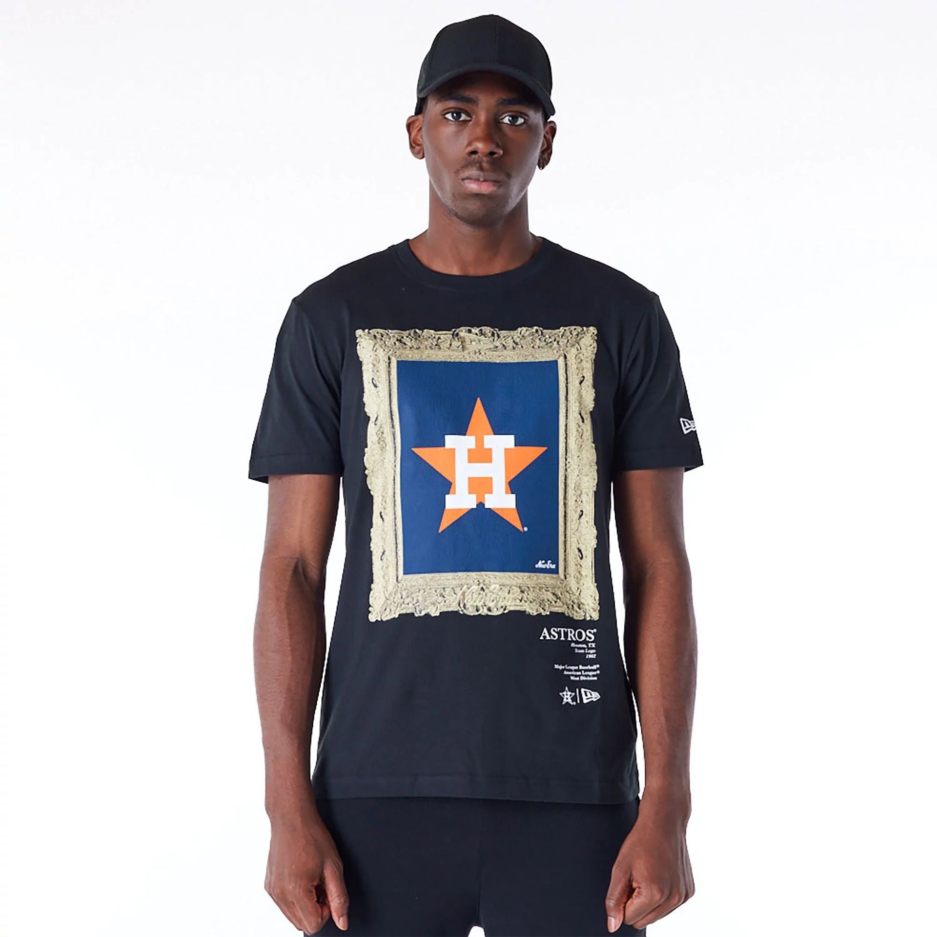 The Male model is wearing Houston Astros Curated Customs Black T-Shirt 1