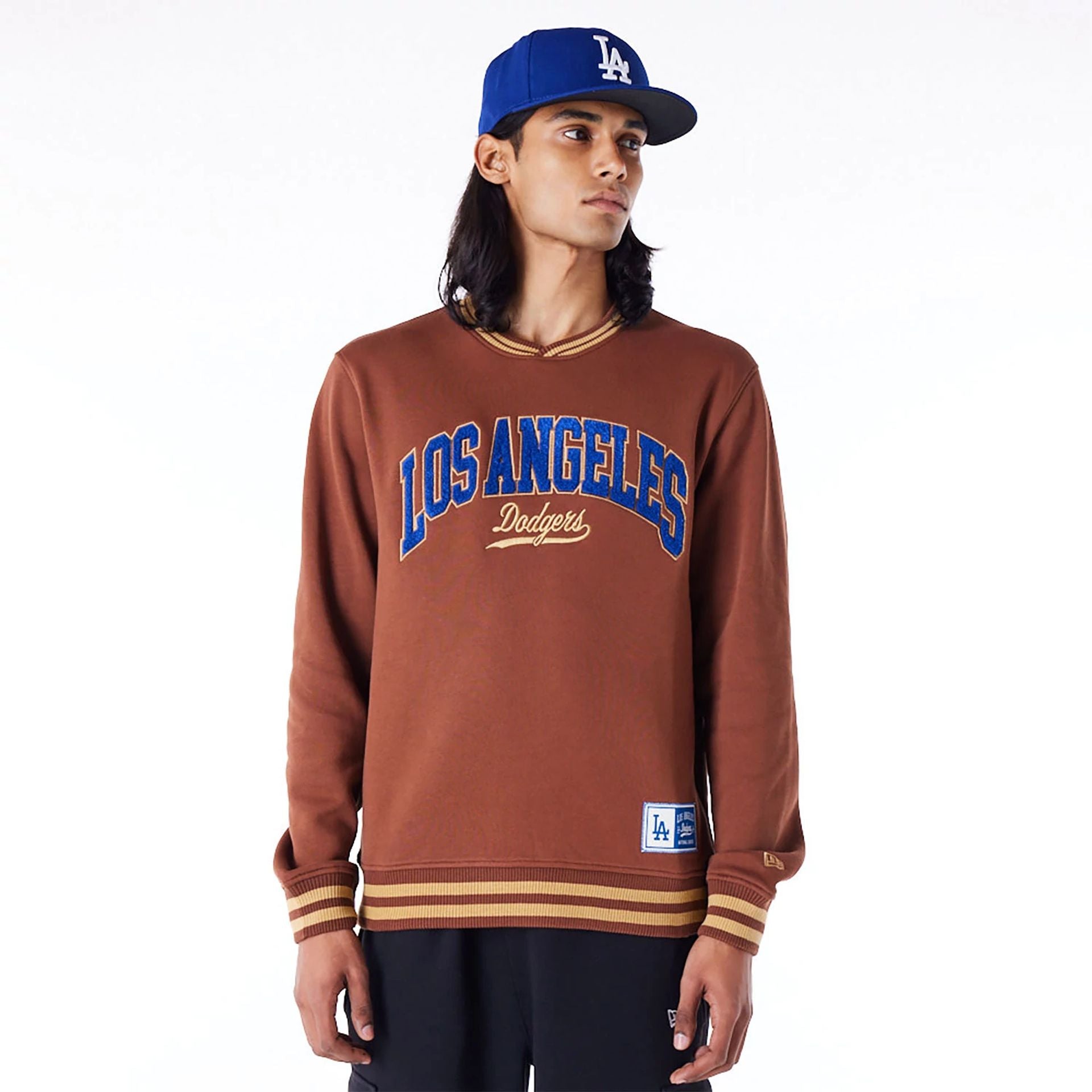 The Male model is wearing LA Dodgers Letterman Classic Dark Brown Crew Neck Sweatshirt 1