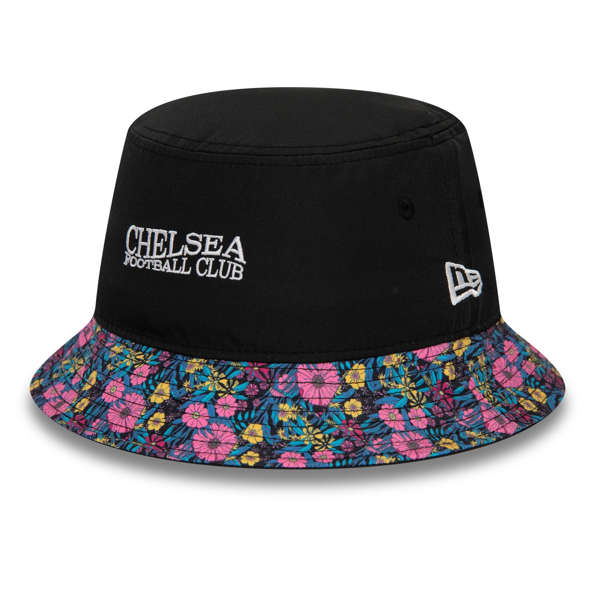 This is a Chelsea FC Wordmark Floral All Over Print Black Bucket Hat 1