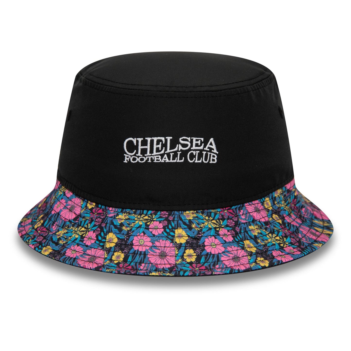 This is a Chelsea FC Wordmark Floral All Over Print Black Bucket Hat 2