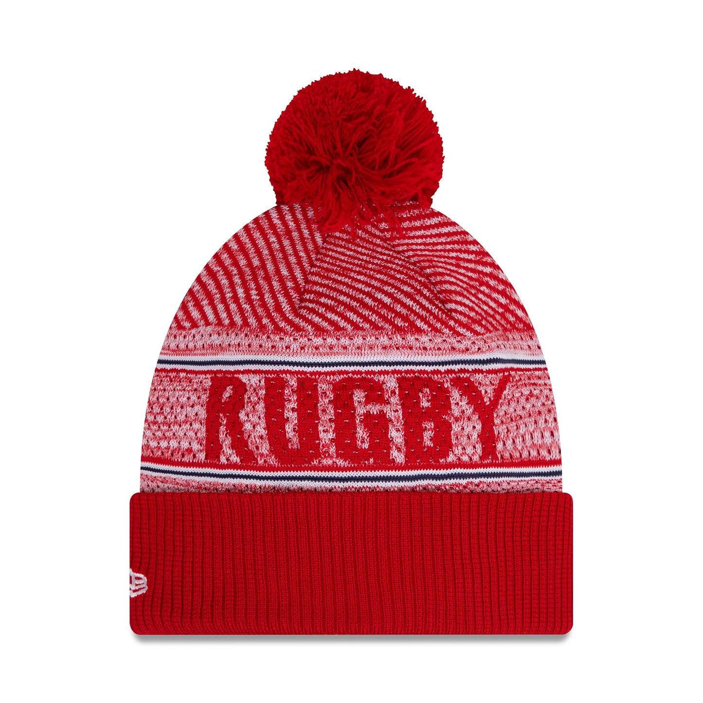 This is a Rugby Football Union Engineered Wordmark Red Bobble Knit Beanie Hat 2