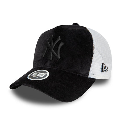 This is a New York Yankees Womens Velour Black A-Frame Trucker Cap 1