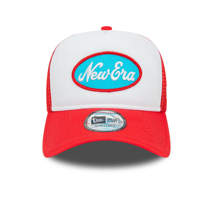 This is a New Era Oval Red Trucker Cap 4