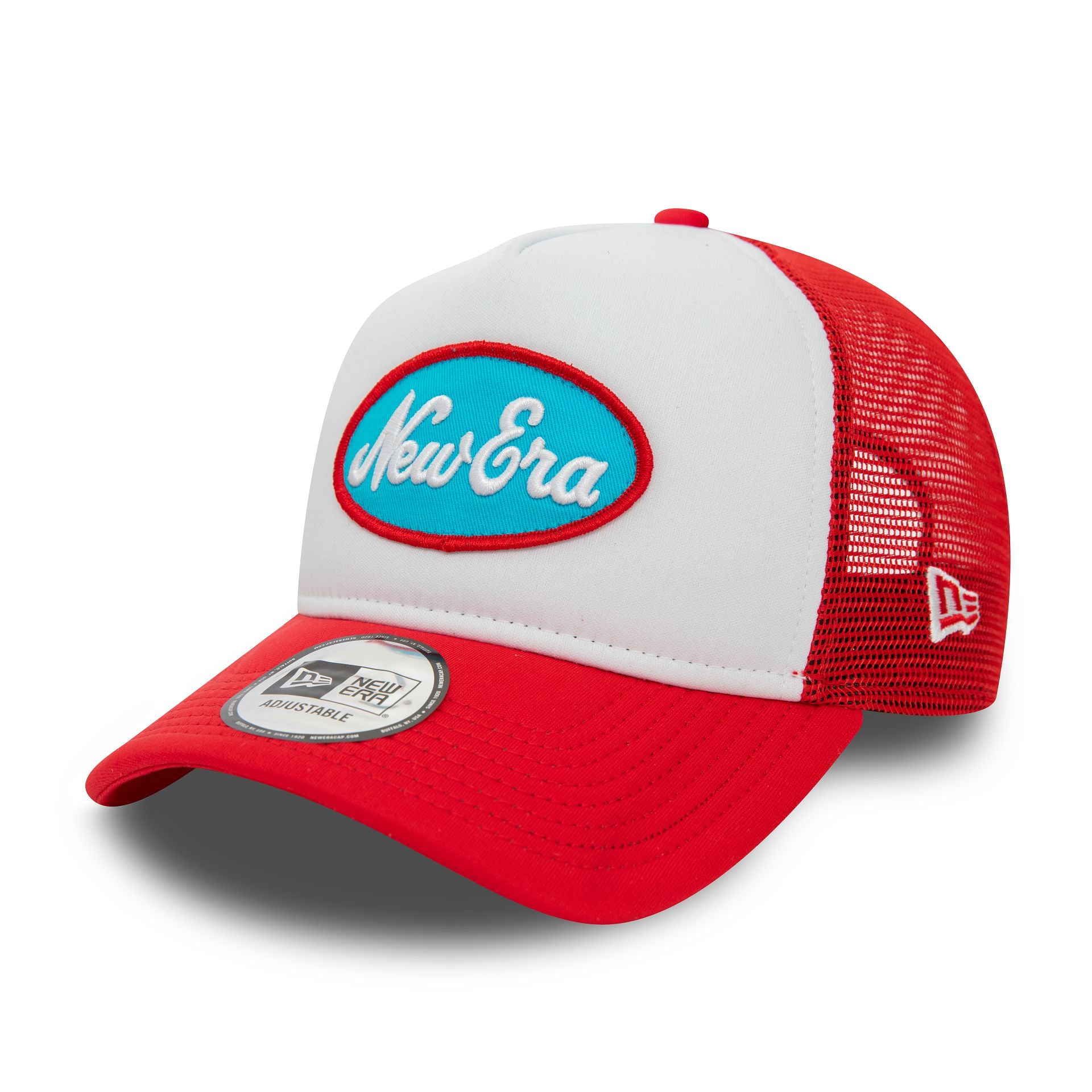 This is a New Era Oval Red Trucker Cap 1