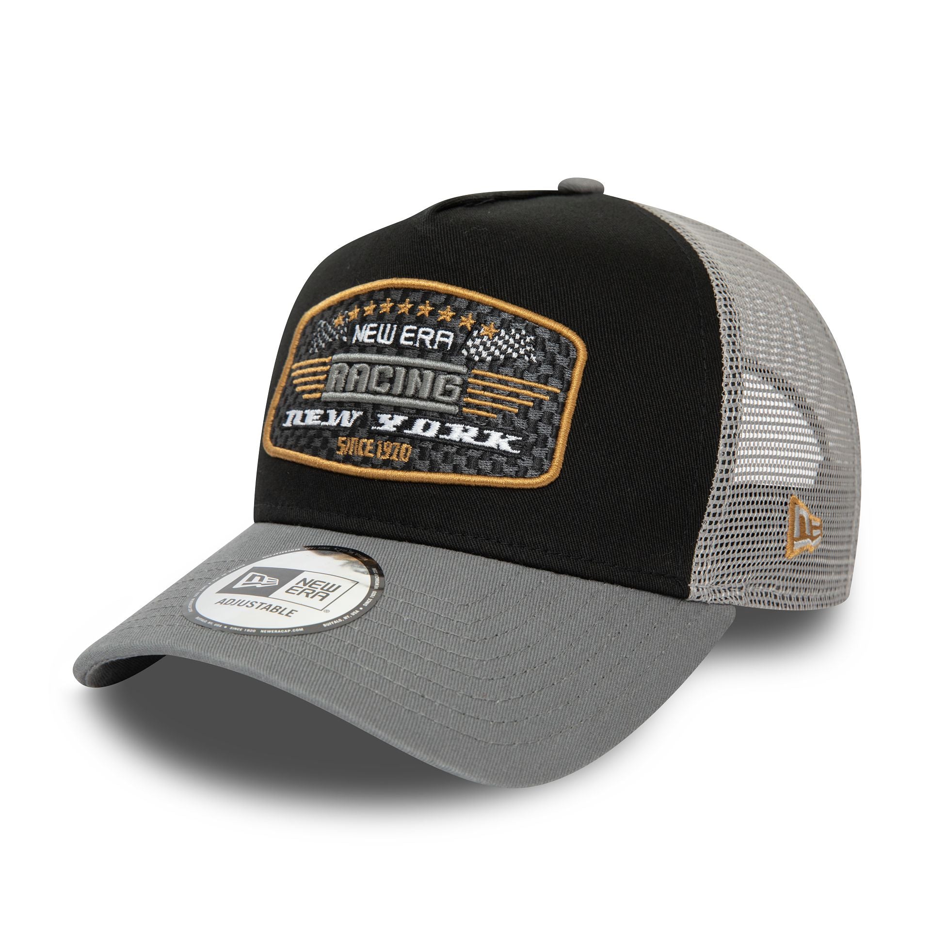 This is a New Era Patch Black E-Frame Trucker Cap 1