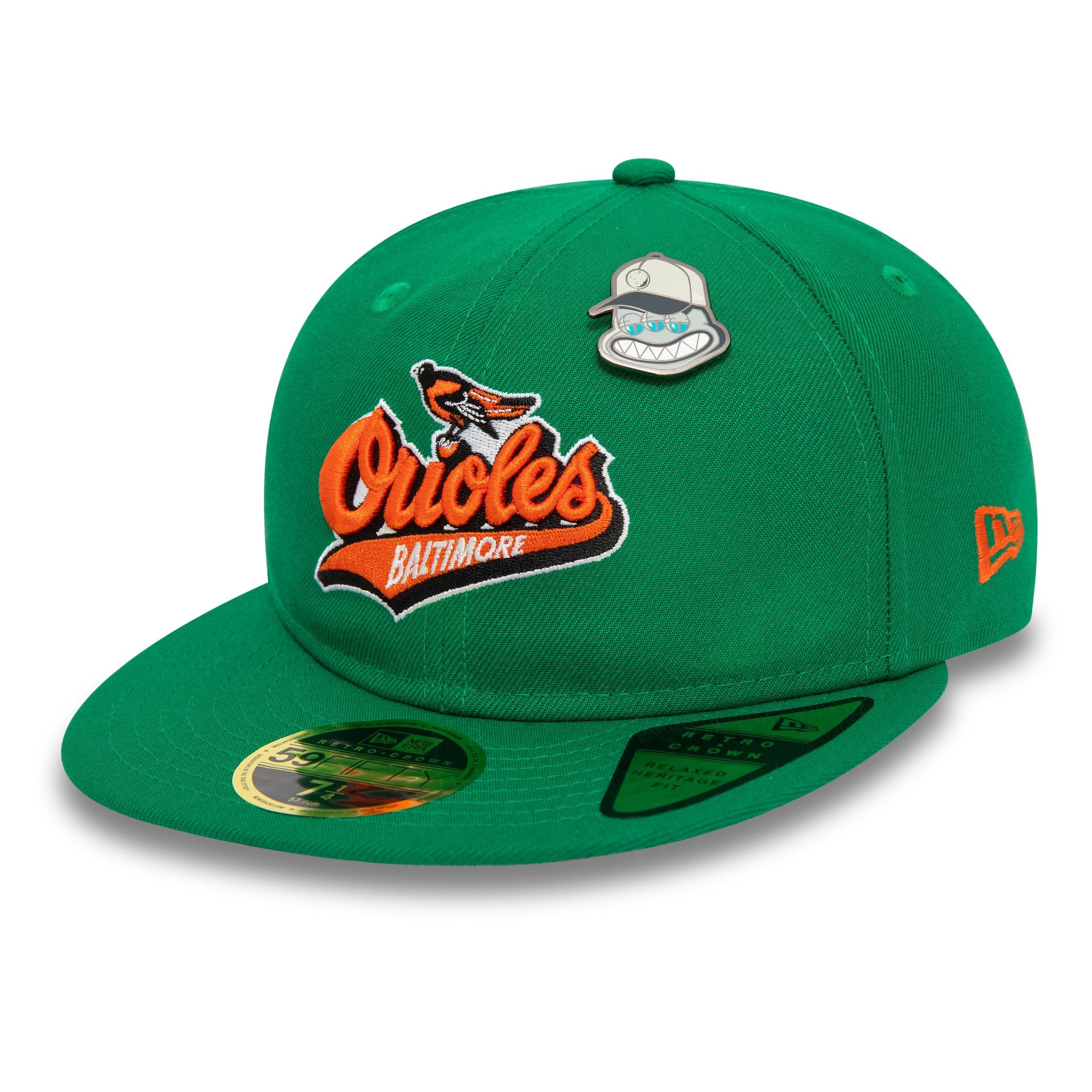 This is a Baltimore Orioles MLB Cooperstown Pin Badge Green 59FIFTY Retro Crown Fitted Cap 2