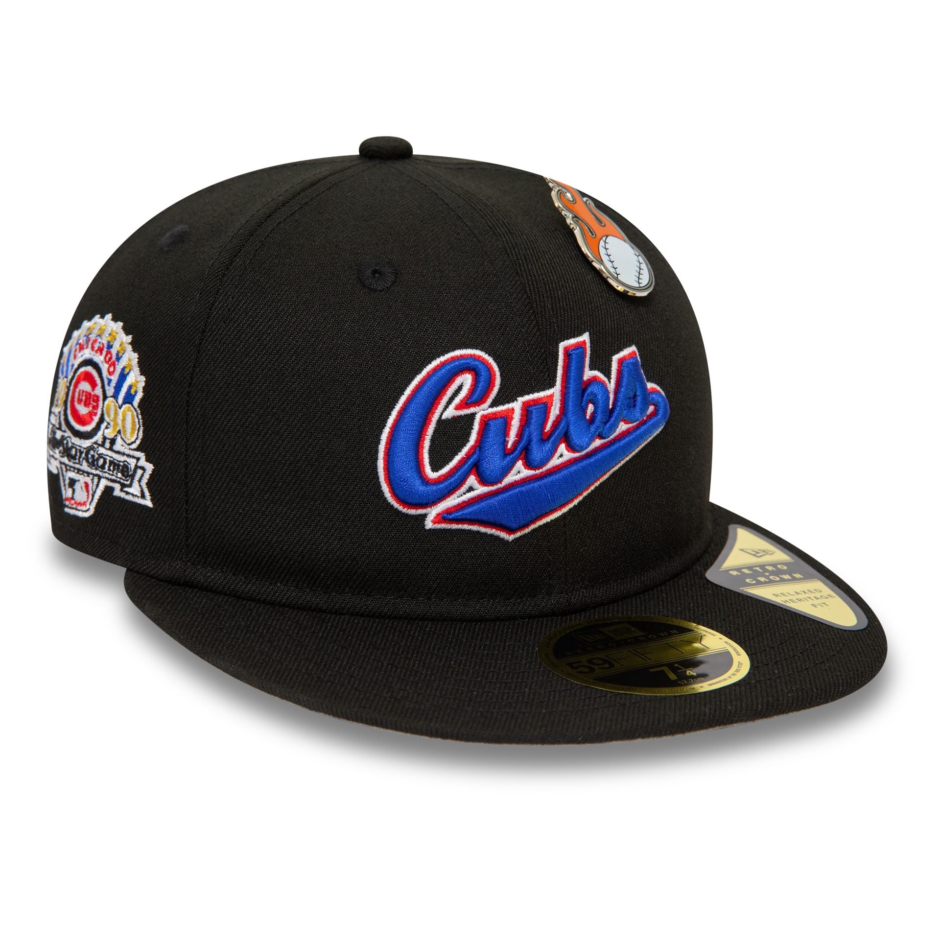 This is a Chicago Cubs MLB Cooperstown Pin Badge Black 59FIFTY Retro Crown Fitted Cap 1