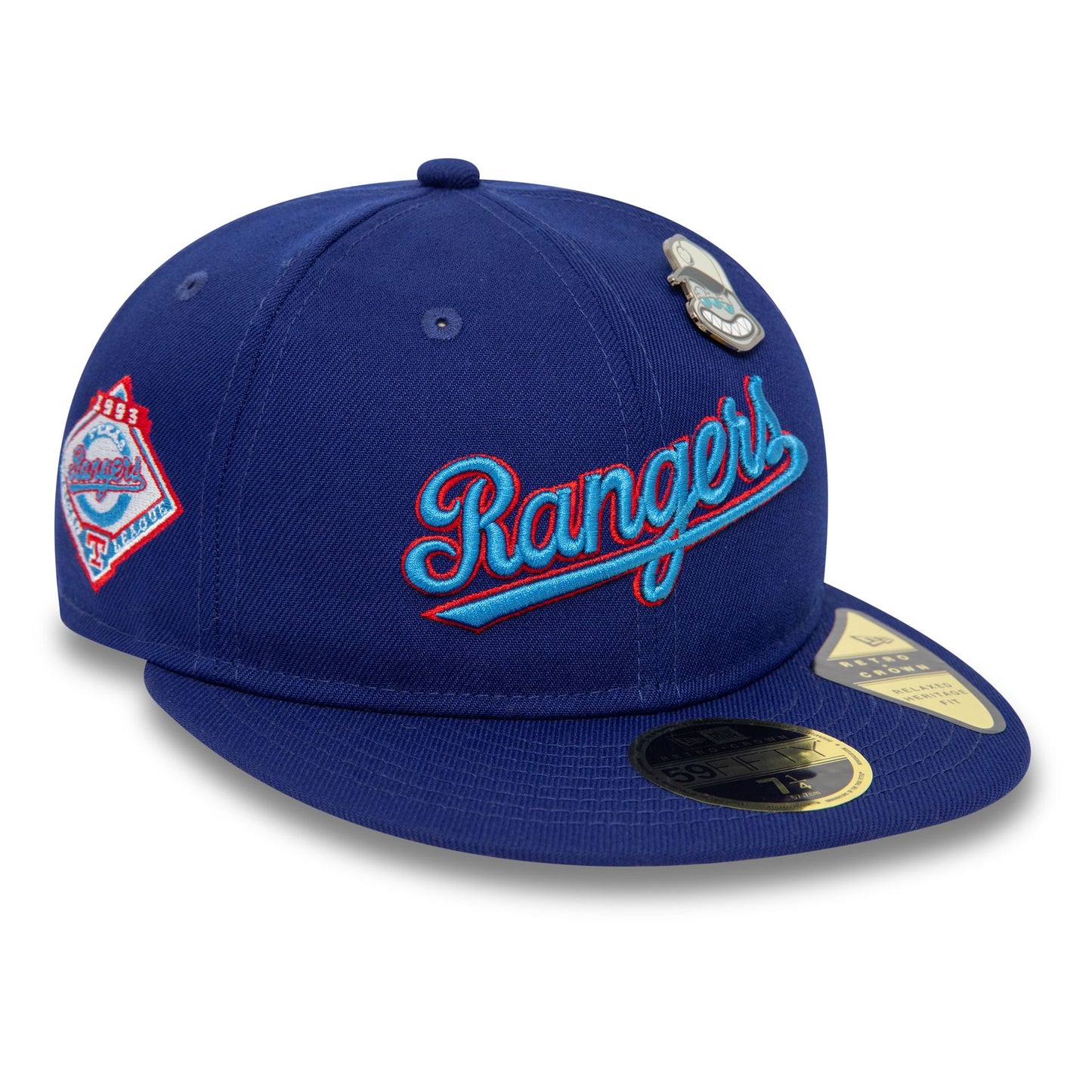 This is a Texas Rangers MLB Cooperstown Pin Badge Blue 59FIFTY Retro Crown Fitted Cap 1