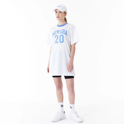 The Female model is wearing New Era Womens Arch Wordmark White Mesh Dress 4