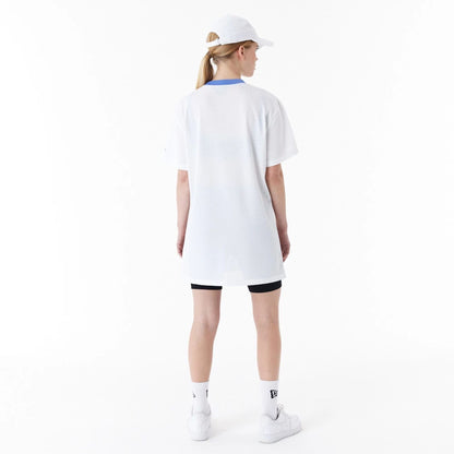 The Female model is wearing New Era Womens Arch Wordmark White Mesh Dress 2