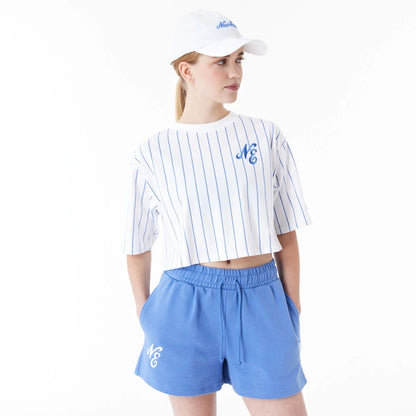 The Female model is wearing New Era Pinstripe White Womens Crop T-Shirt 1