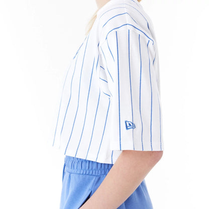 The Female model is wearing New Era Pinstripe White Womens Crop T-Shirt 4