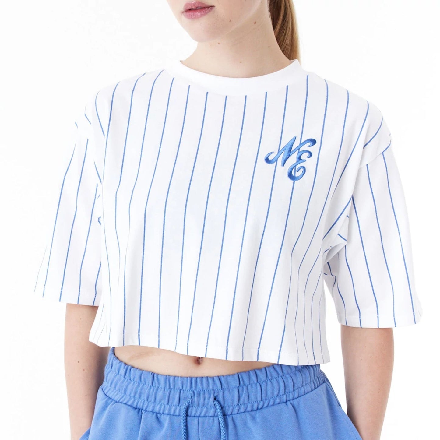 The Female model is wearing New Era Pinstripe White Womens Crop T-Shirt 7