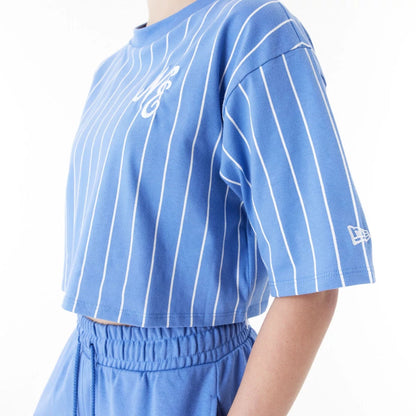 The Female model is wearing New Era Pinstripe Blue Womens Crop T-Shirt 8