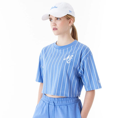 The Female model is wearing New Era Pinstripe Blue Womens Crop T-Shirt 5