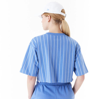 The Female model is wearing New Era Pinstripe Blue Womens Crop T-Shirt 2