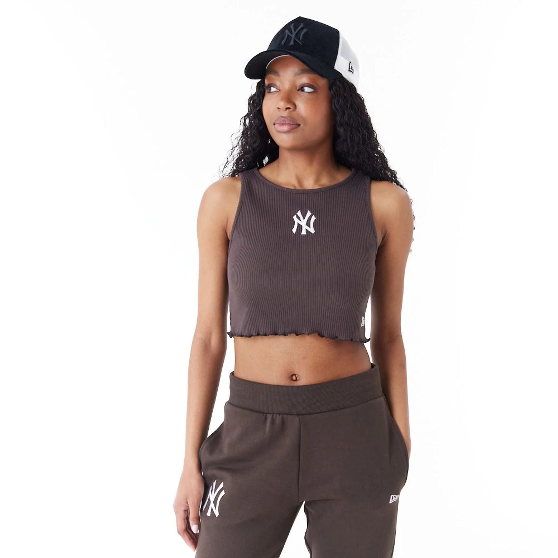 The Female model is wearing New York Yankees MLB Lifestyle Brown Crop Tank Top 1