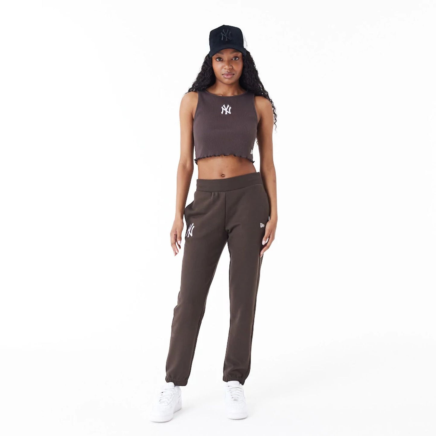 The Female model is wearing New York Yankees MLB Lifestyle Brown Joggers 4