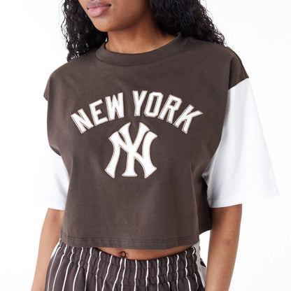 The Female model is wearing New York Yankees MLB Lifestyle Brown Womens Crop T-Shirt 5