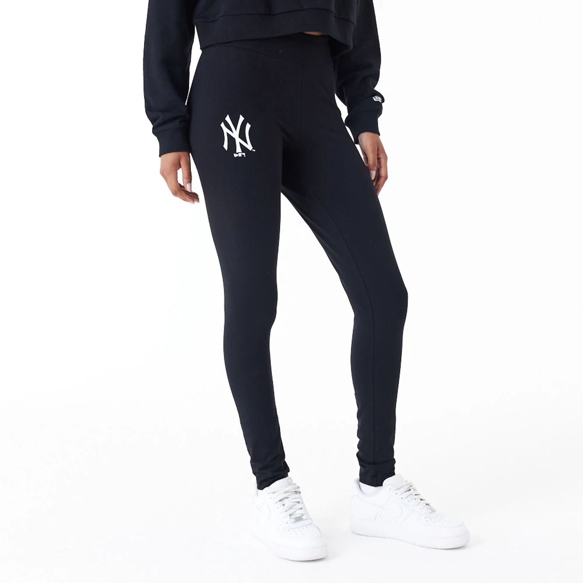 The Female model is wearing New York Yankees Womens MLB Lifestyle Black Leggings 1