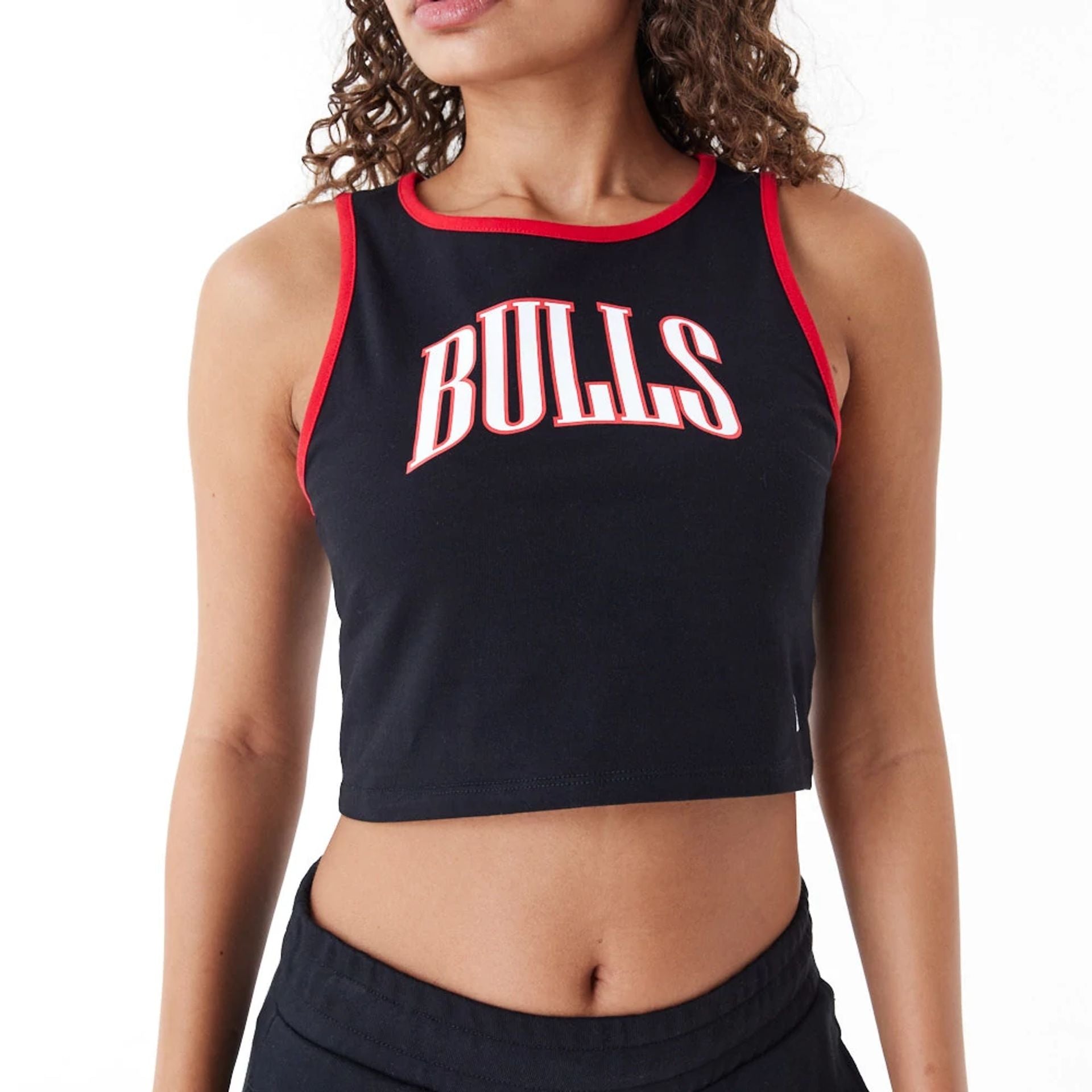 The Female model is wearing Chicago Bulls Womens Womens NBA Team Wordmark Black Crop Tank Top 6