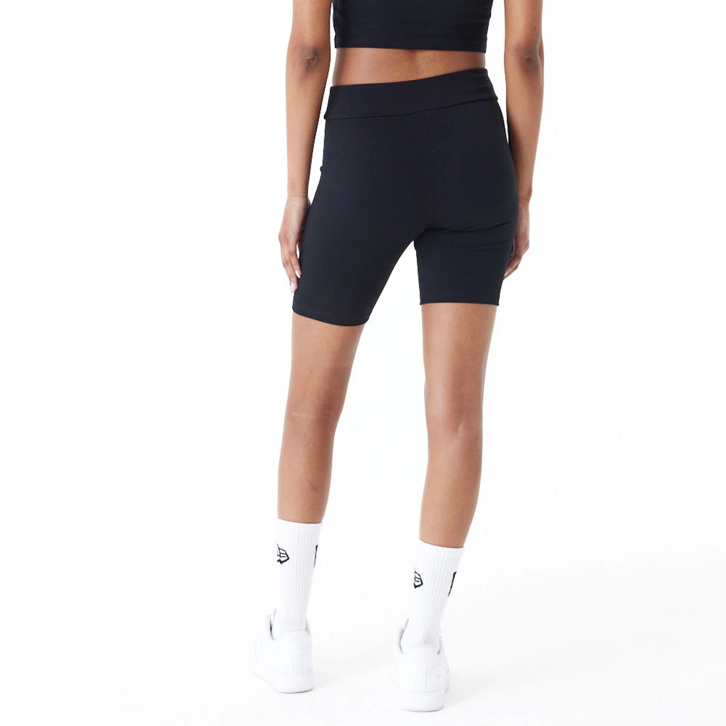 The Female model is wearing New York Yankees Womens MLB Lifestyle Black Cycling Shorts 5