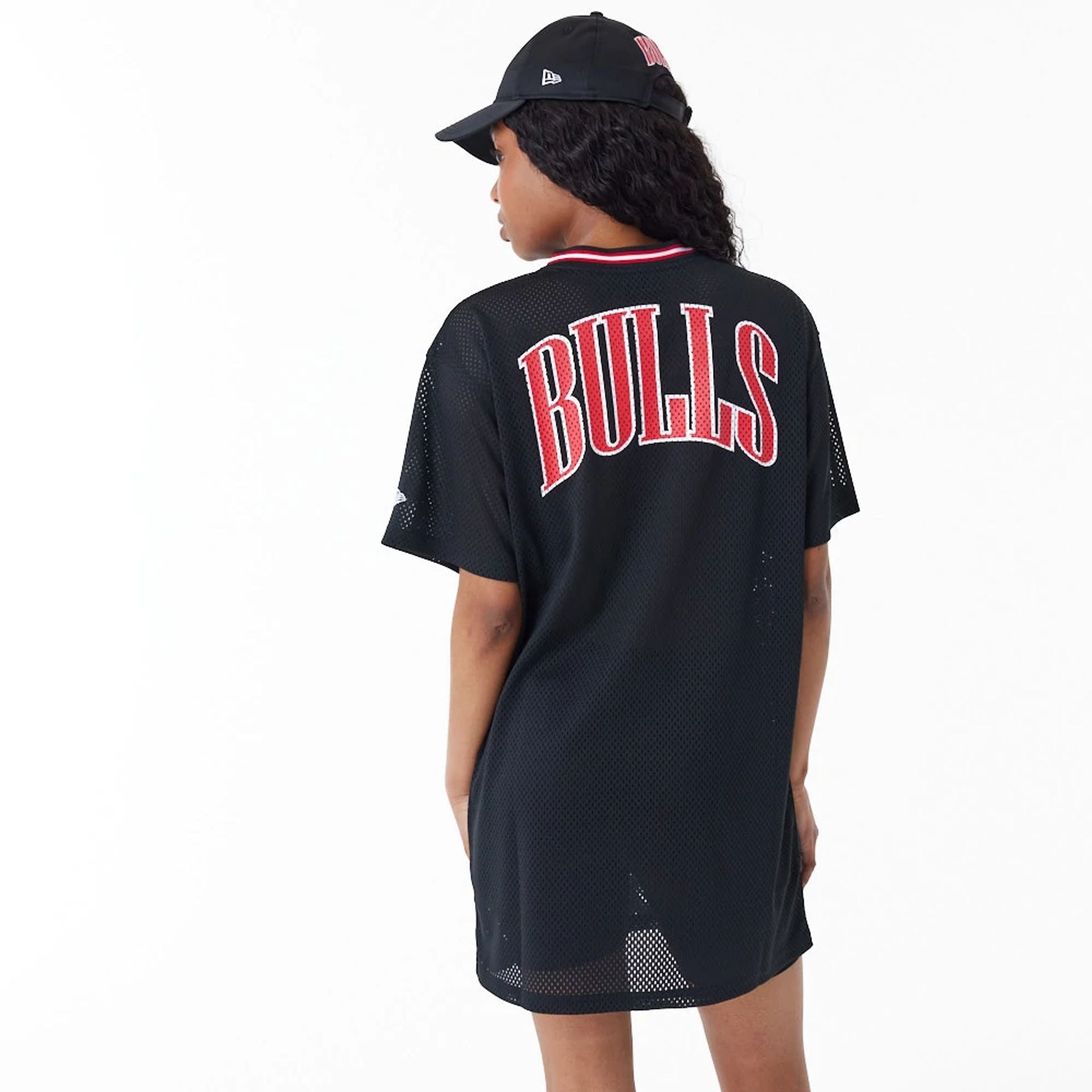 The Female model is wearing Chicago Bulls Women NBA Black Mesh Dress 2