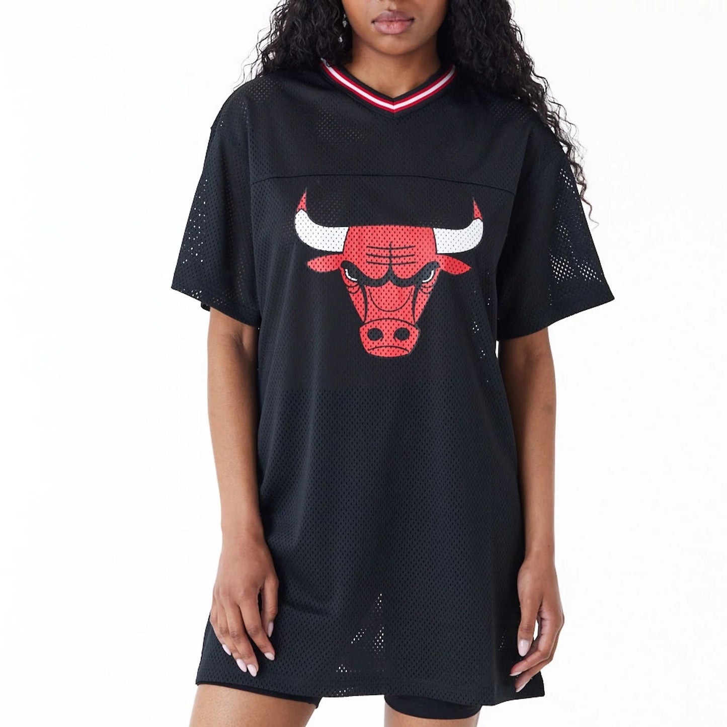 The Female model is wearing Chicago Bulls Women NBA Black Mesh Dress 4