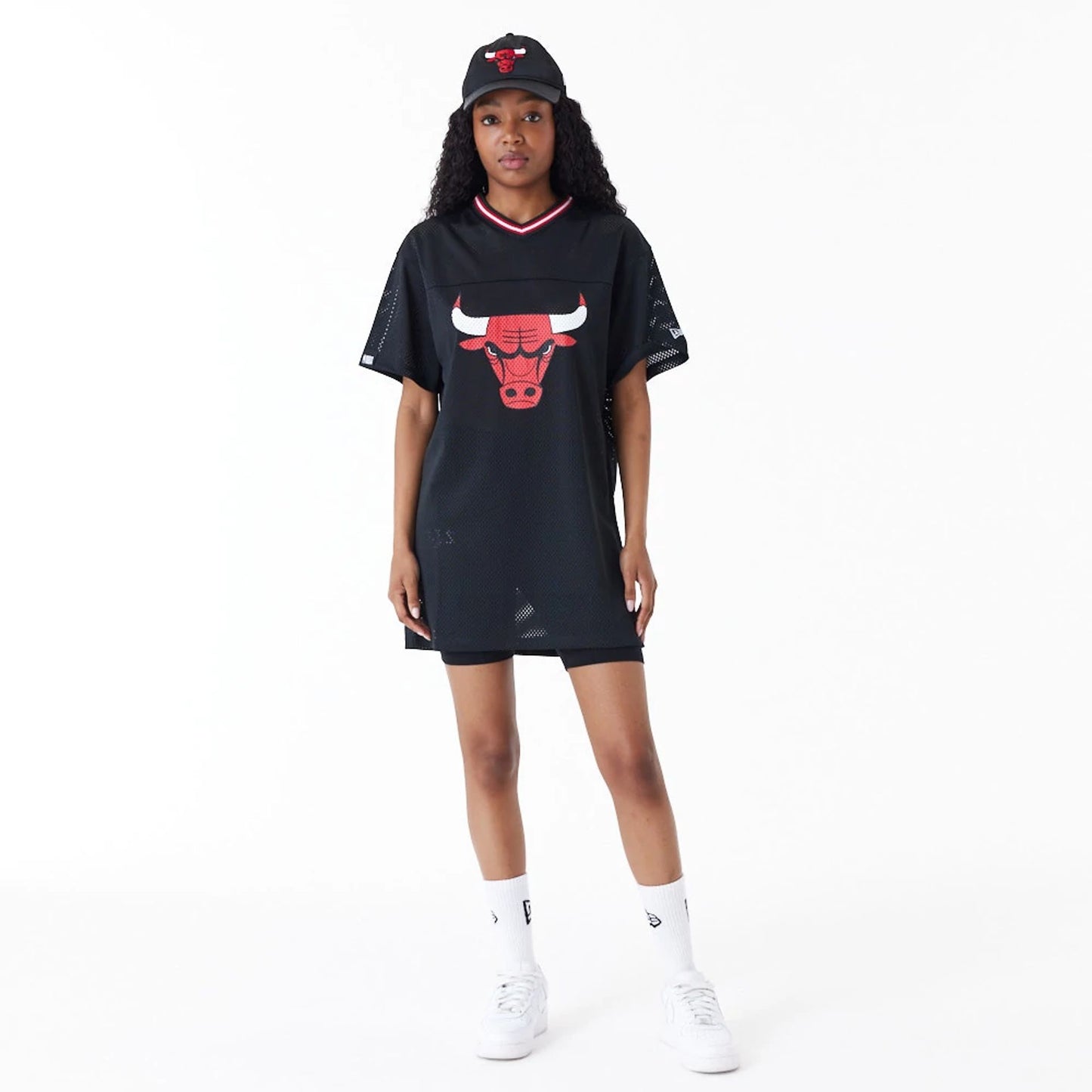 The Female model is wearing Chicago Bulls Women NBA Black Mesh Dress 5