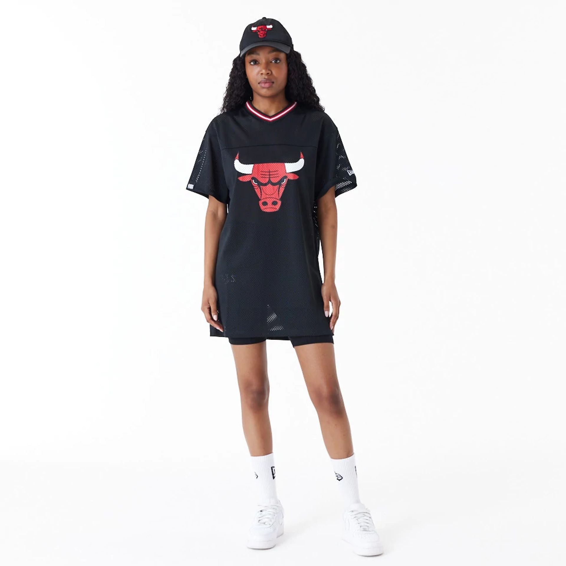 The Female model is wearing Chicago Bulls Women NBA Black Mesh Dress 5