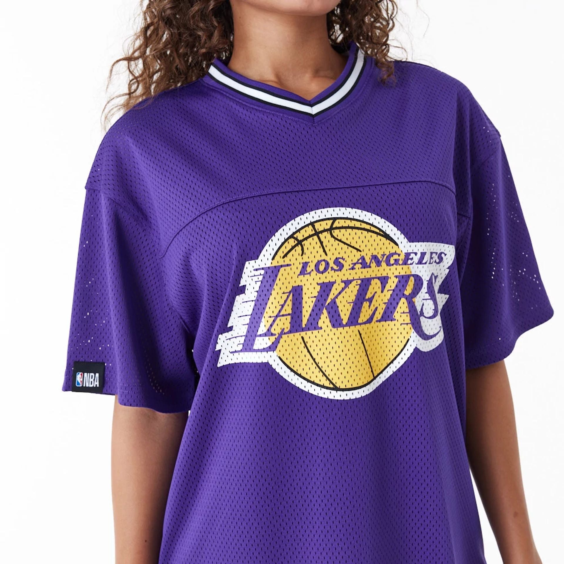 The Female model is wearing LA Lakers Womens NBA Purple Mesh Dress 2