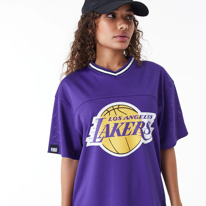 The Female model is wearing LA Lakers Womens NBA Purple Mesh Dress 7