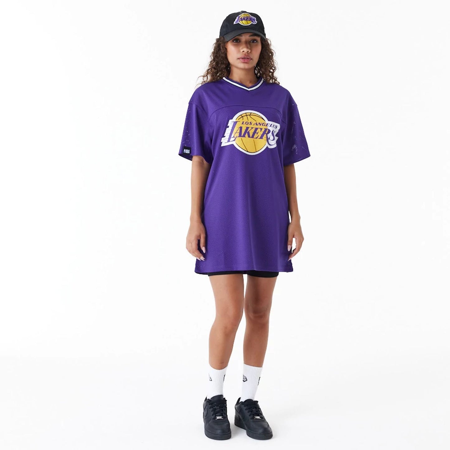 The Female model is wearing LA Lakers Womens NBA Purple Mesh Dress 9