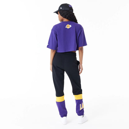 The Female model is wearing LA Lakers Womens NBA Team Wordmark Purple Crop T-Shirt 4