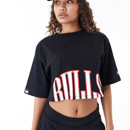 The Female model is wearing Chicago Bulls Womens NBA Team Wordmark Black Crop T-Shirt 8