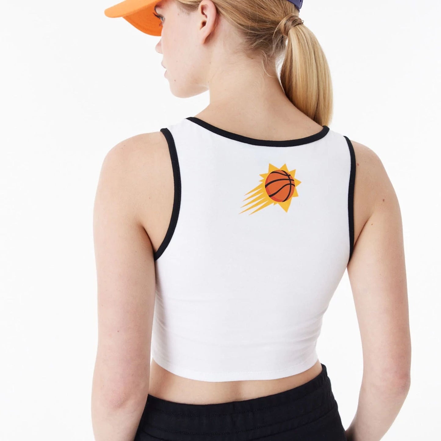 The Female model is wearing Phoenix Suns Womens NBA Team Wordmark White Crop Tank Top 7