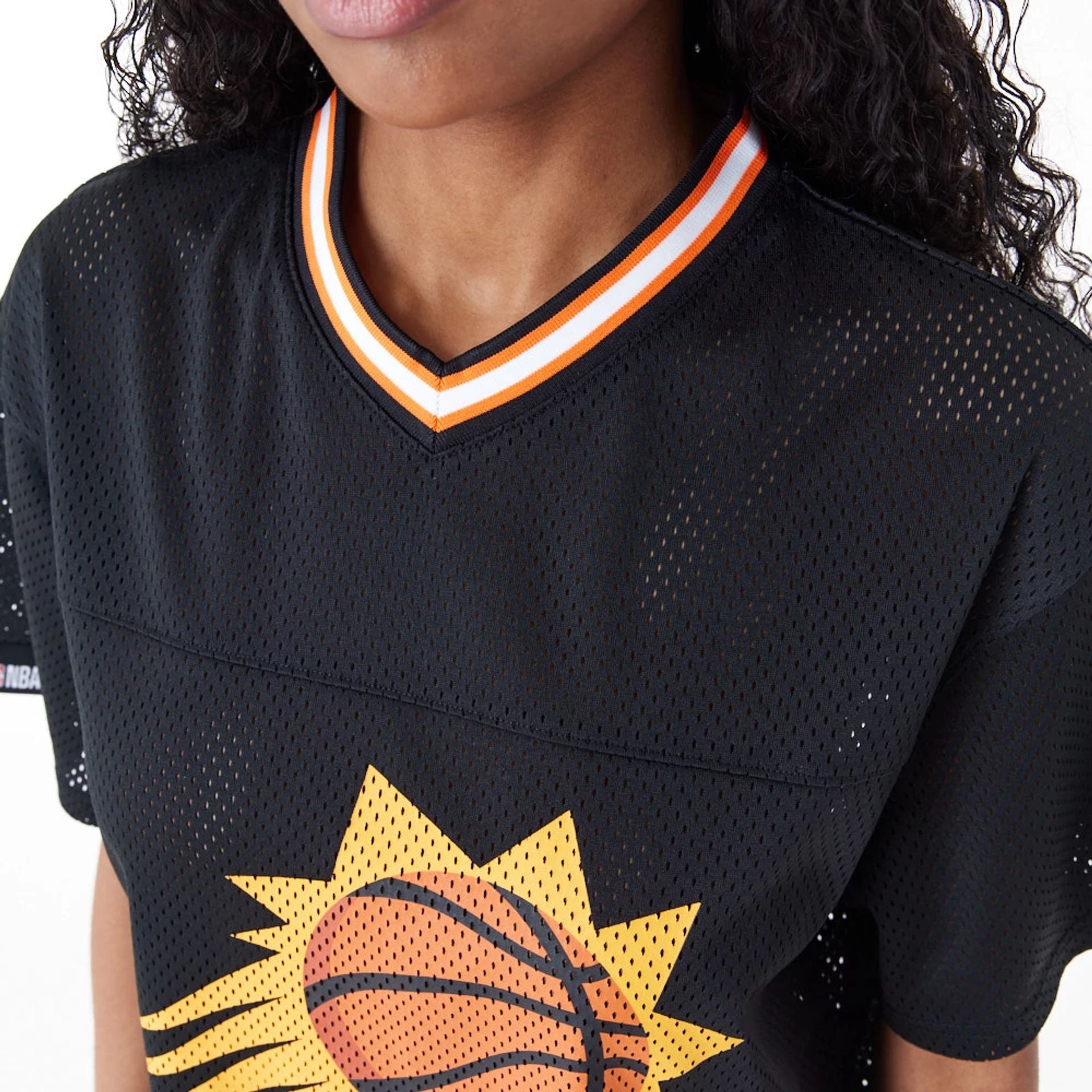 The Female model is wearing Phoenix Suns Womens NBA Black Mesh Dress 6