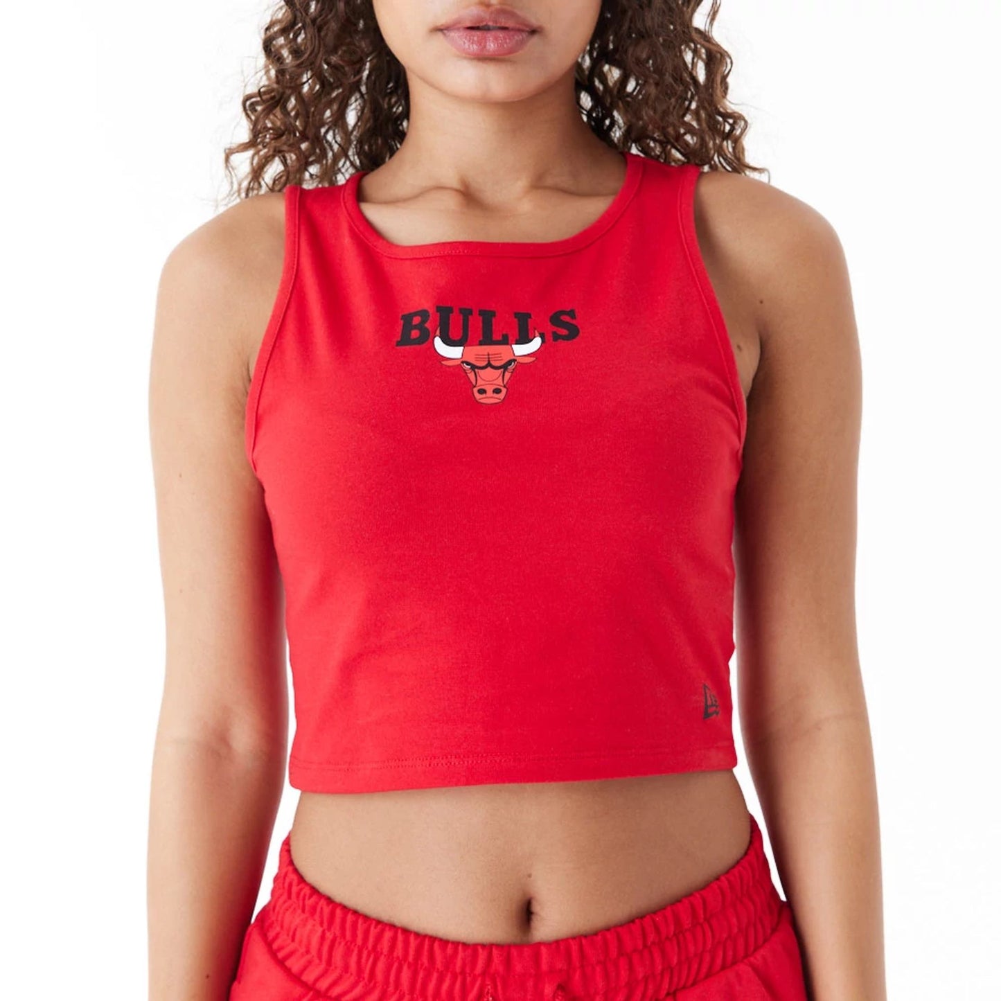 The Female model is wearing Chicago Bulls Womens NBA Team Logo Red Crop Tank Top 8