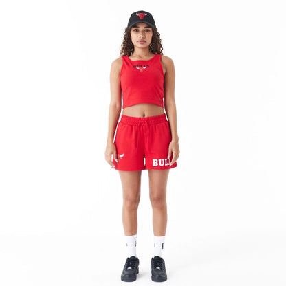 The Female model is wearing Chicago Bulls Womens NBA Team Logo Red Crop Tank Top 2