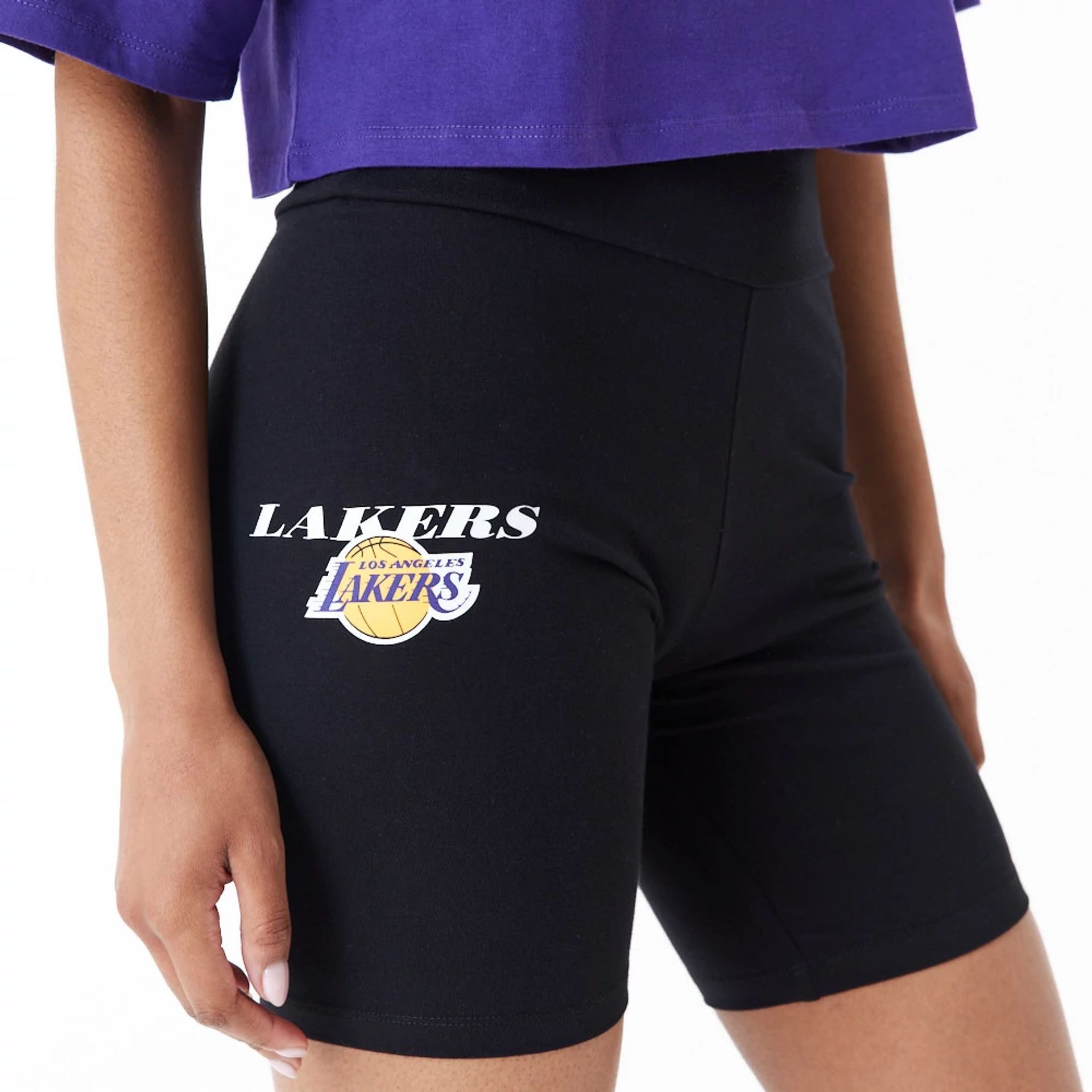 The Female model is wearing LA Lakers Womens NBA Logo Black Cycling Shorts 2