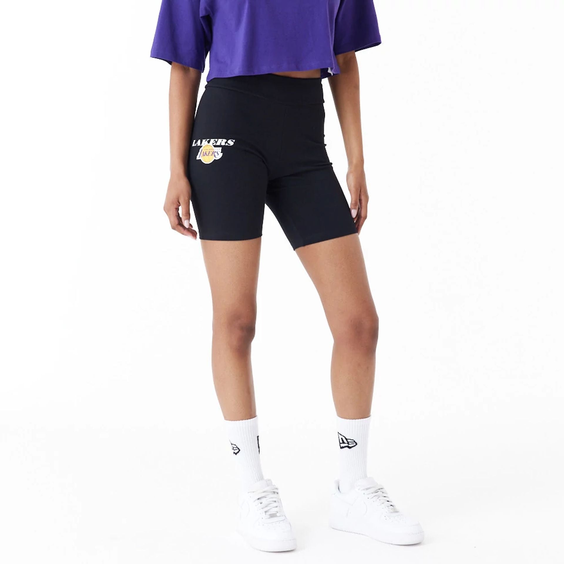 The Female model is wearing LA Lakers Womens NBA Logo Black Cycling Shorts 1