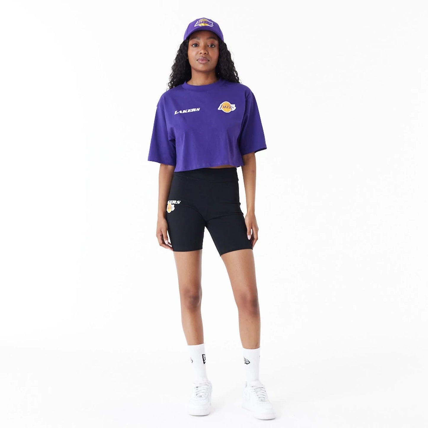 The Female model is wearing LA Lakers Womens NBA Logo Black Cycling Shorts 5