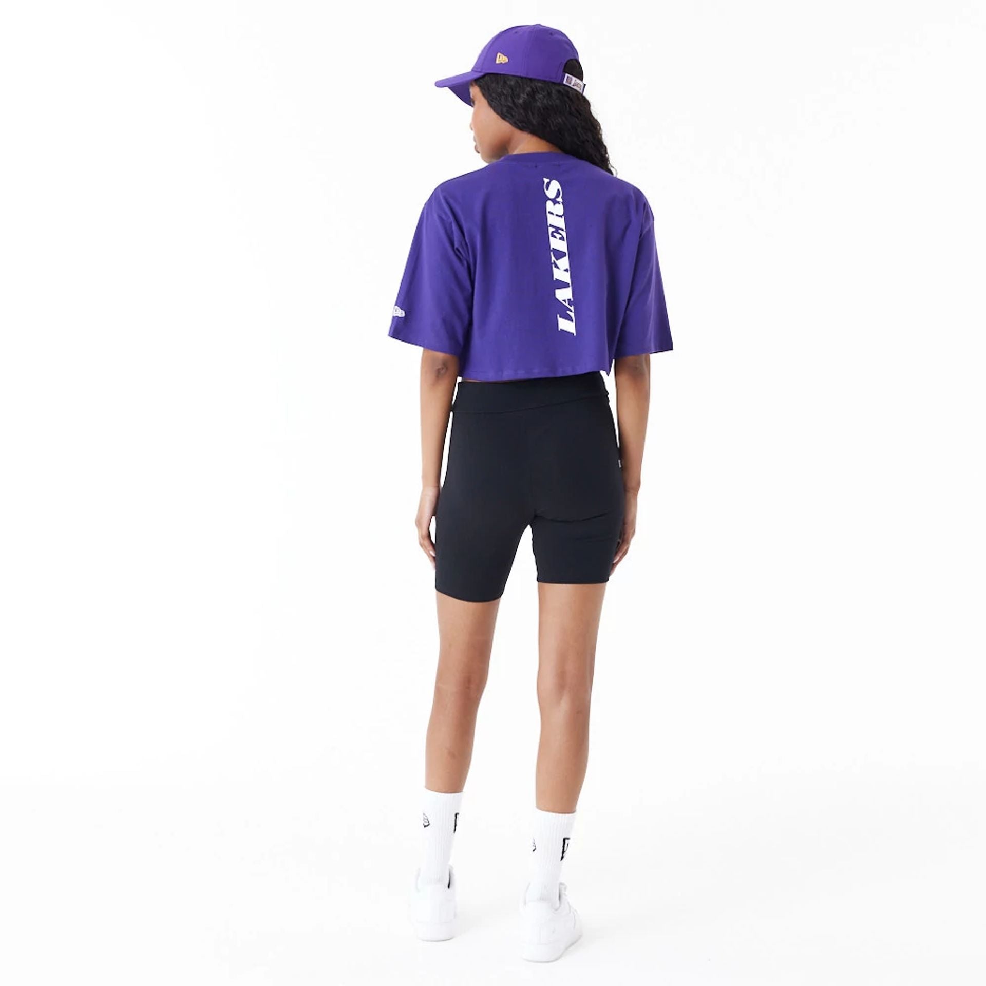 The Female model is wearing LA Lakers Womens NBA Logo Black Cycling Shorts 6