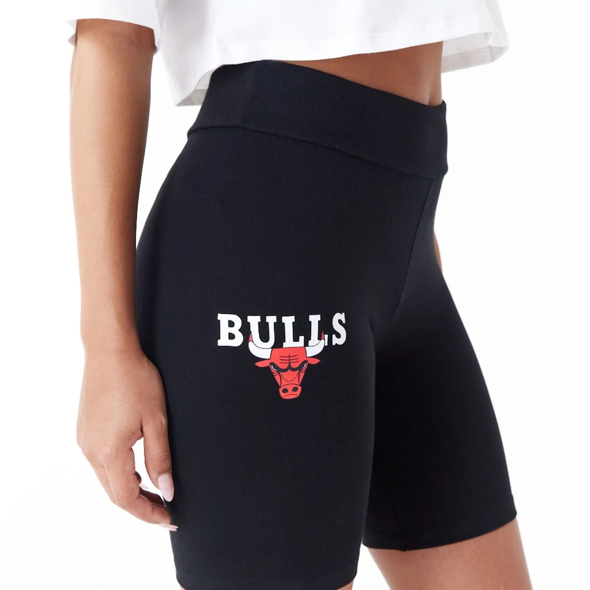 The Female model is wearing Chicago Bulls Womens NBA Logo Black Cycling Shorts 4