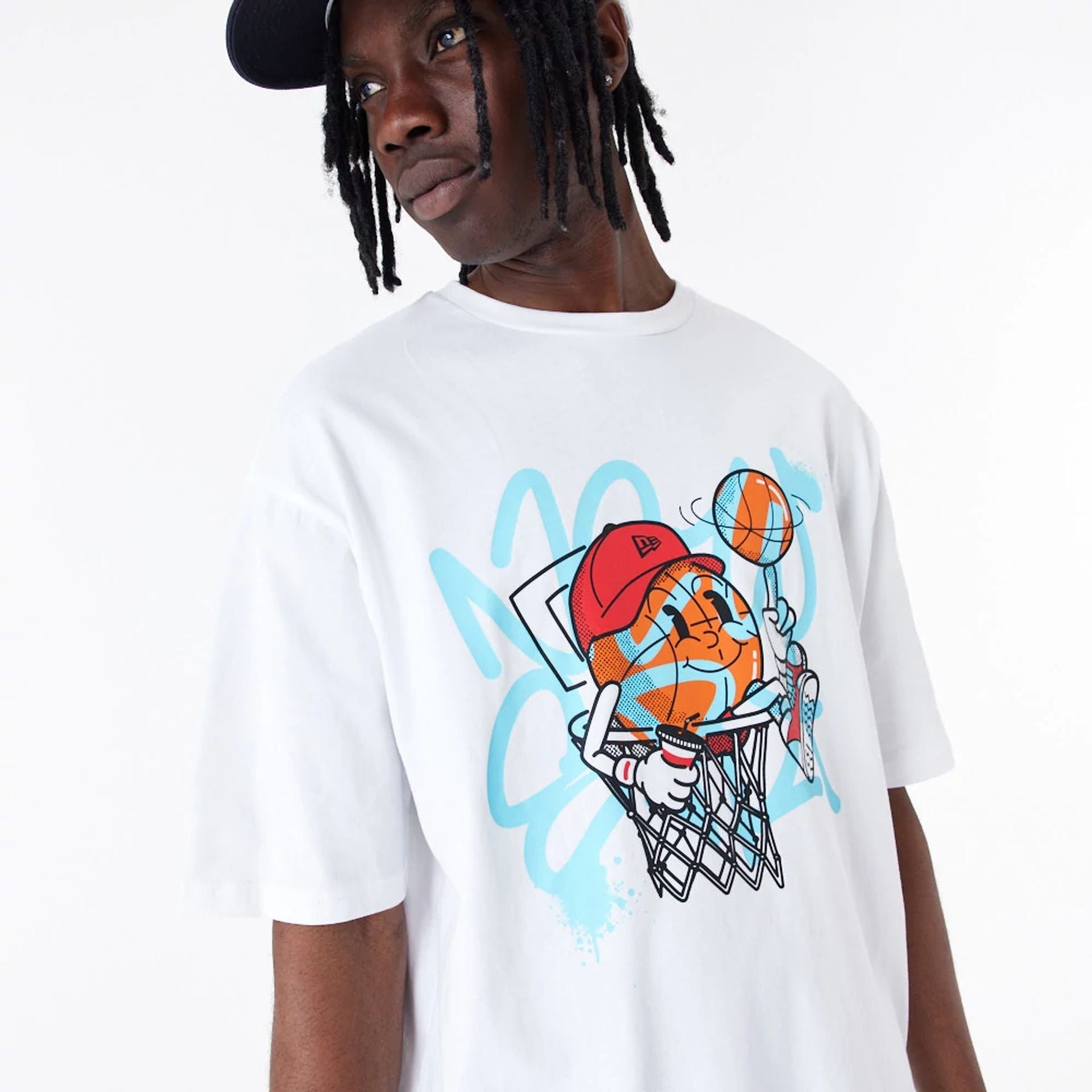 The Male model is wearing New Era Spray Graphic White Oversized T-Shirt 4