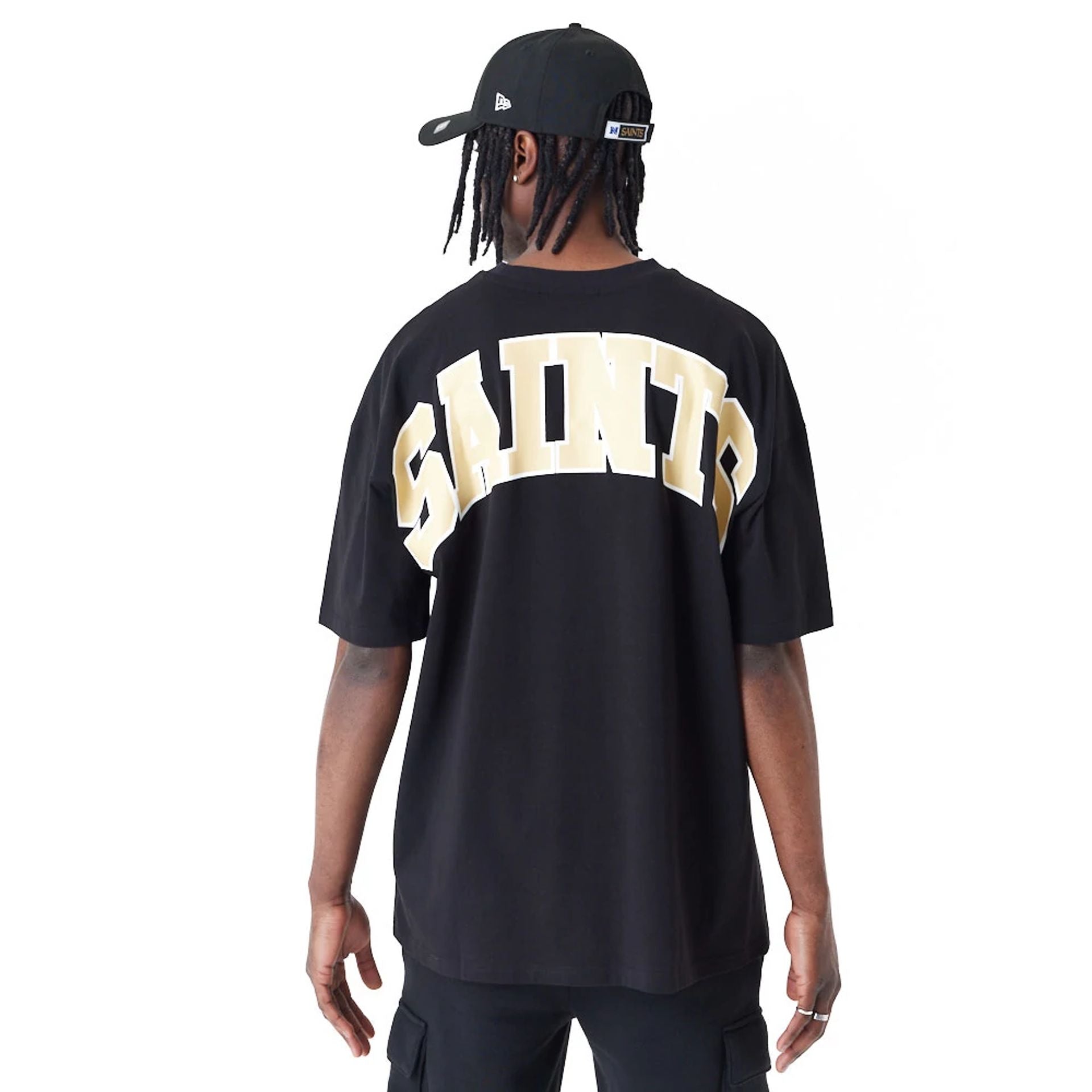 The Male model is wearing New Orleans Saints NFL Drop Shoulder Black Oversized T-Shirt 4