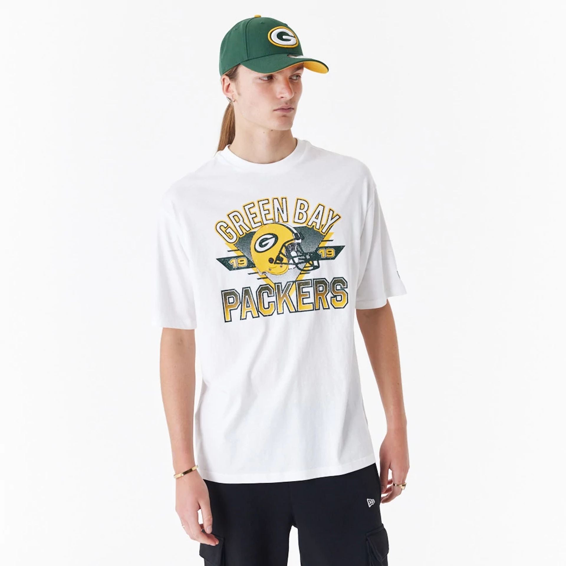 The Male model is wearing Green Bay Packers NFL White Oversized T-Shirt 1